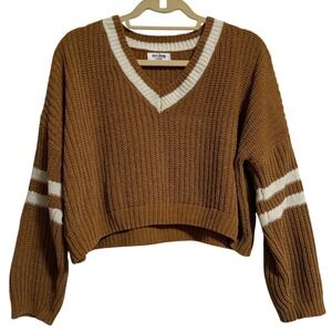 Love‎ Knits Women Camel Brown Varsity Stripe V-Neck Cropped Shaker Sweater Large